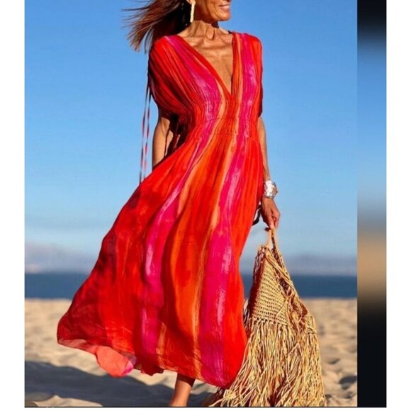 Zara V Neck Bead Appliques Tie Dye midi dress Blogger fav sz XL - Picture 1 of 12